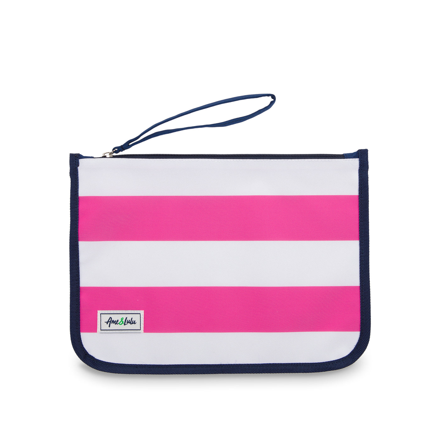 hot pink and white striped nylon zip pouch with wrist strap
