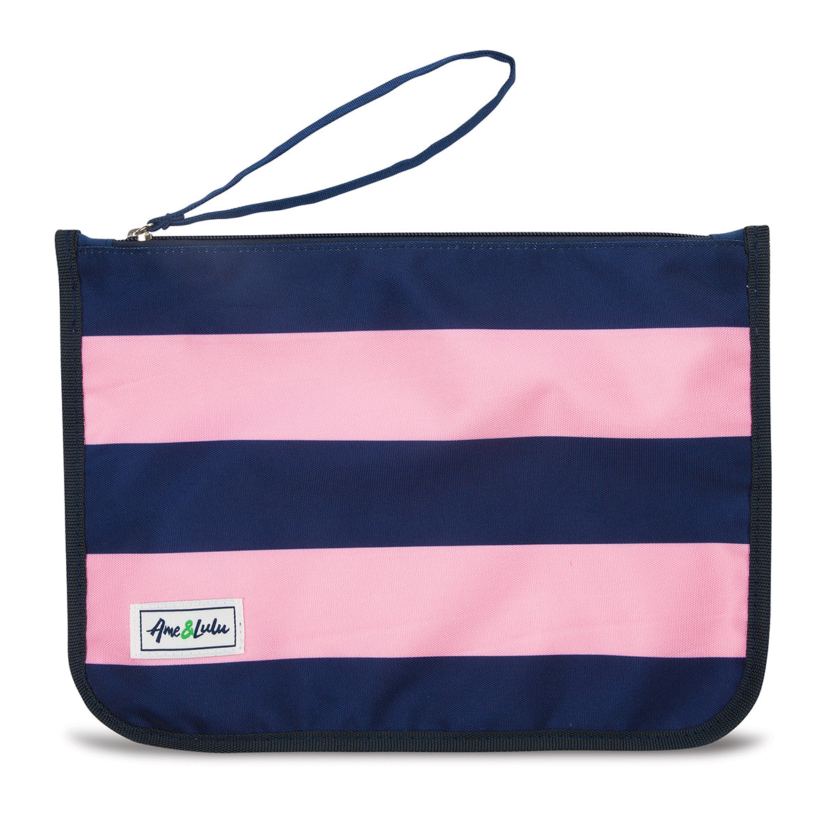 navy and pink striped nylon zip pouch with wrist strap