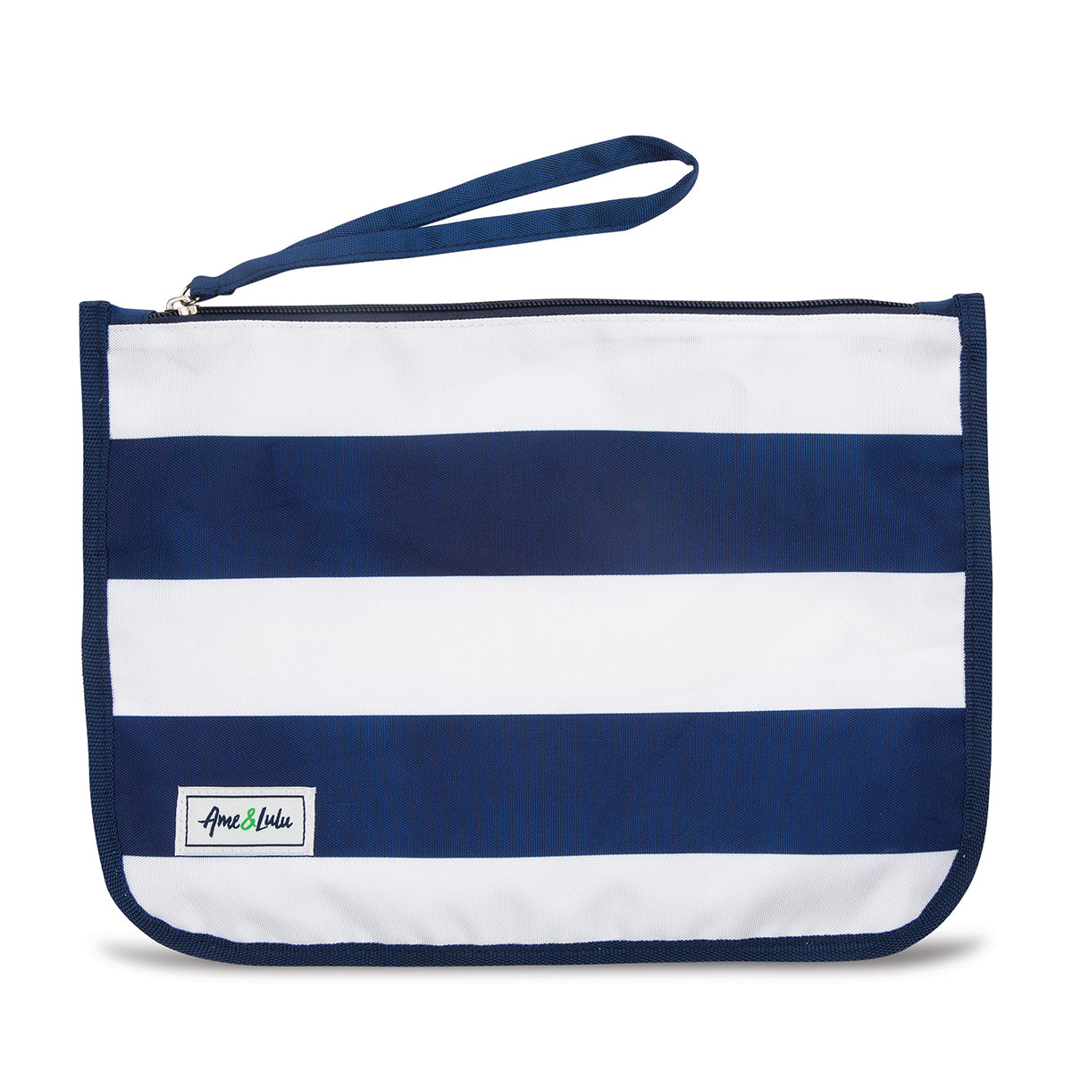 navy and white striped nylon zip pouch with wrist strap