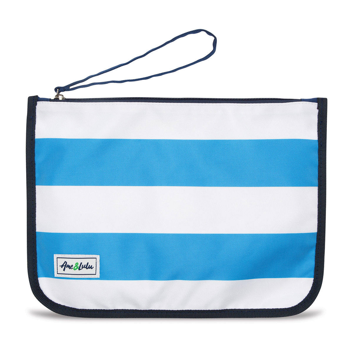 blue and white striped nylon zip pouch with wrist strap