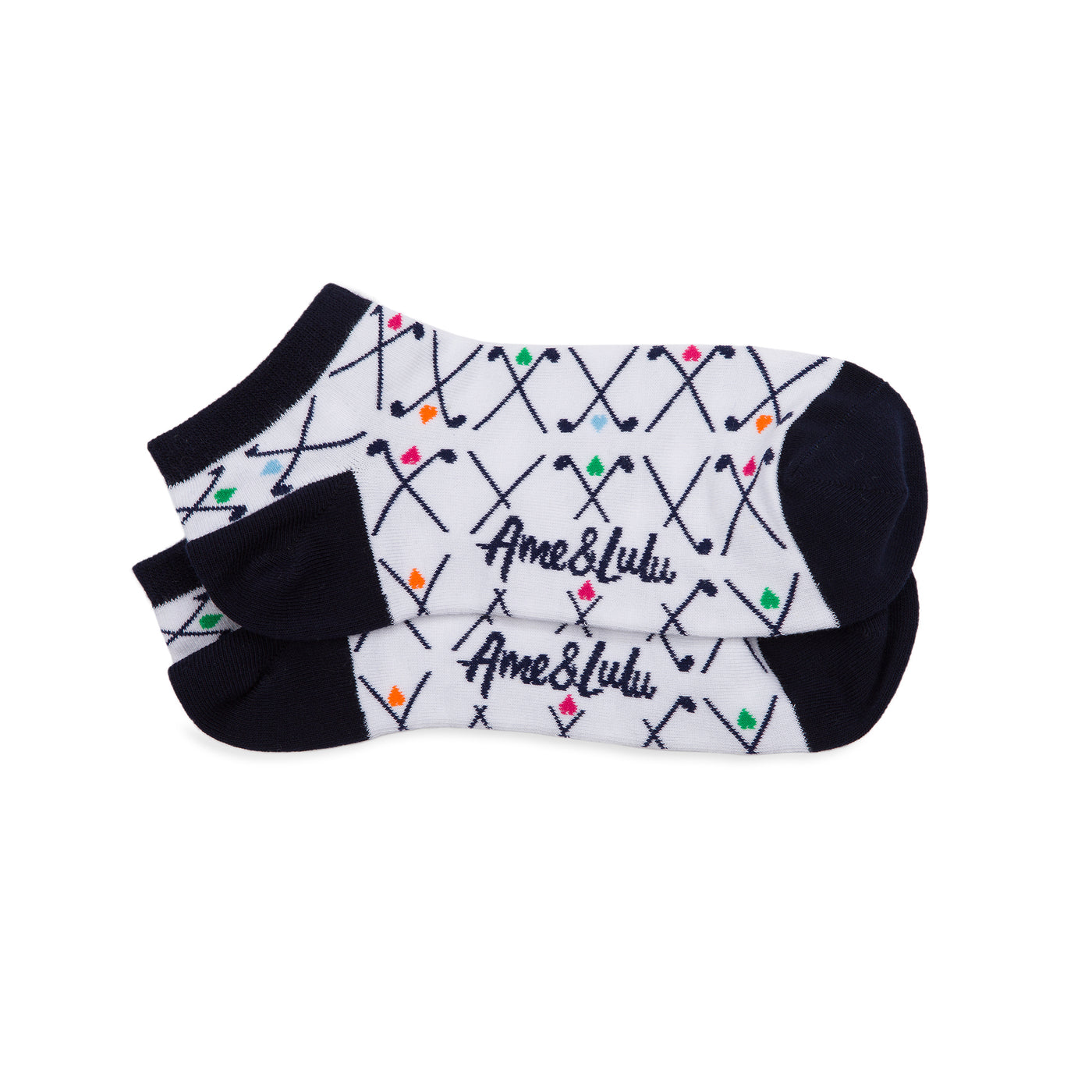 pair of white socks with pattern of navy crossed golf clubs and rainbow hearts