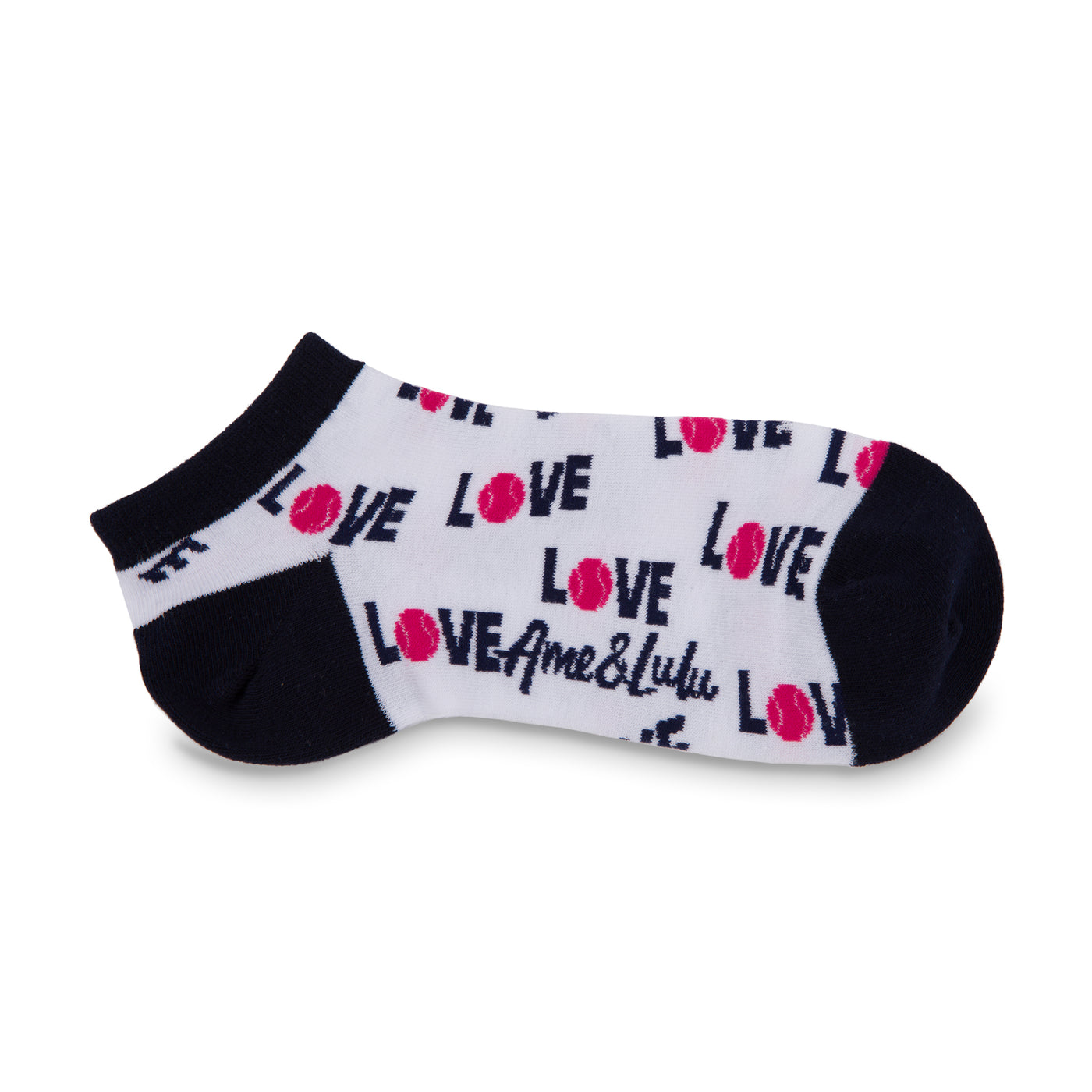 white sock with navy heels and toes. The word love in navy with a pink tennis ball for the letter o are printed around the socks