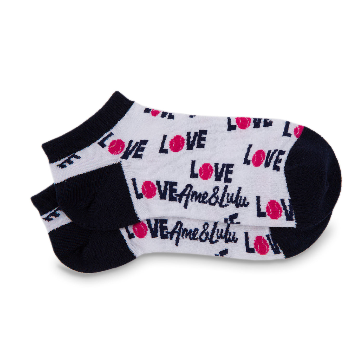 a pair of white socks with navy heels and toes. The word love in navy with a pink tennis ball for the letter o are printed around the socks