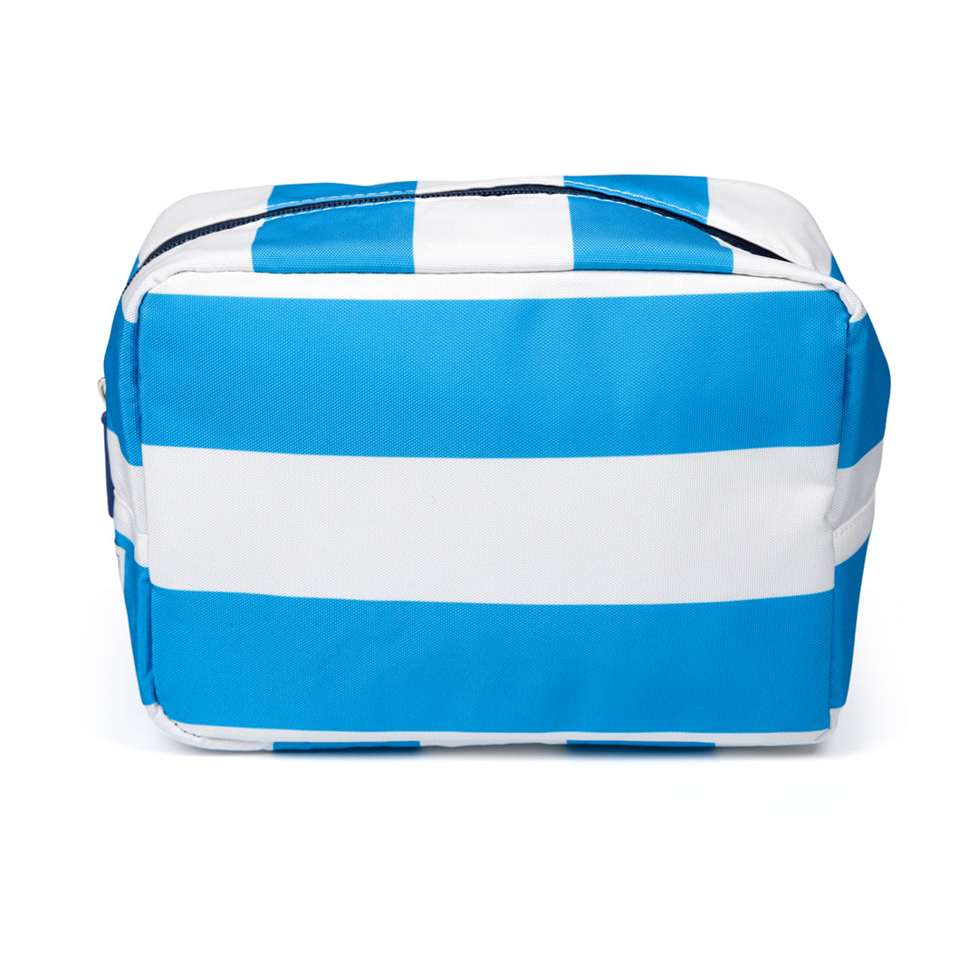 back view of blue and white striped nylon pouch