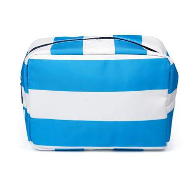 back view of blue and white striped nylon pouch