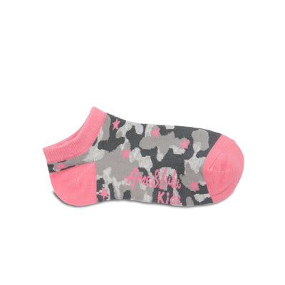 pair of grey camo kids socks with light pink heel and toes, and pink stars stitched on to socks