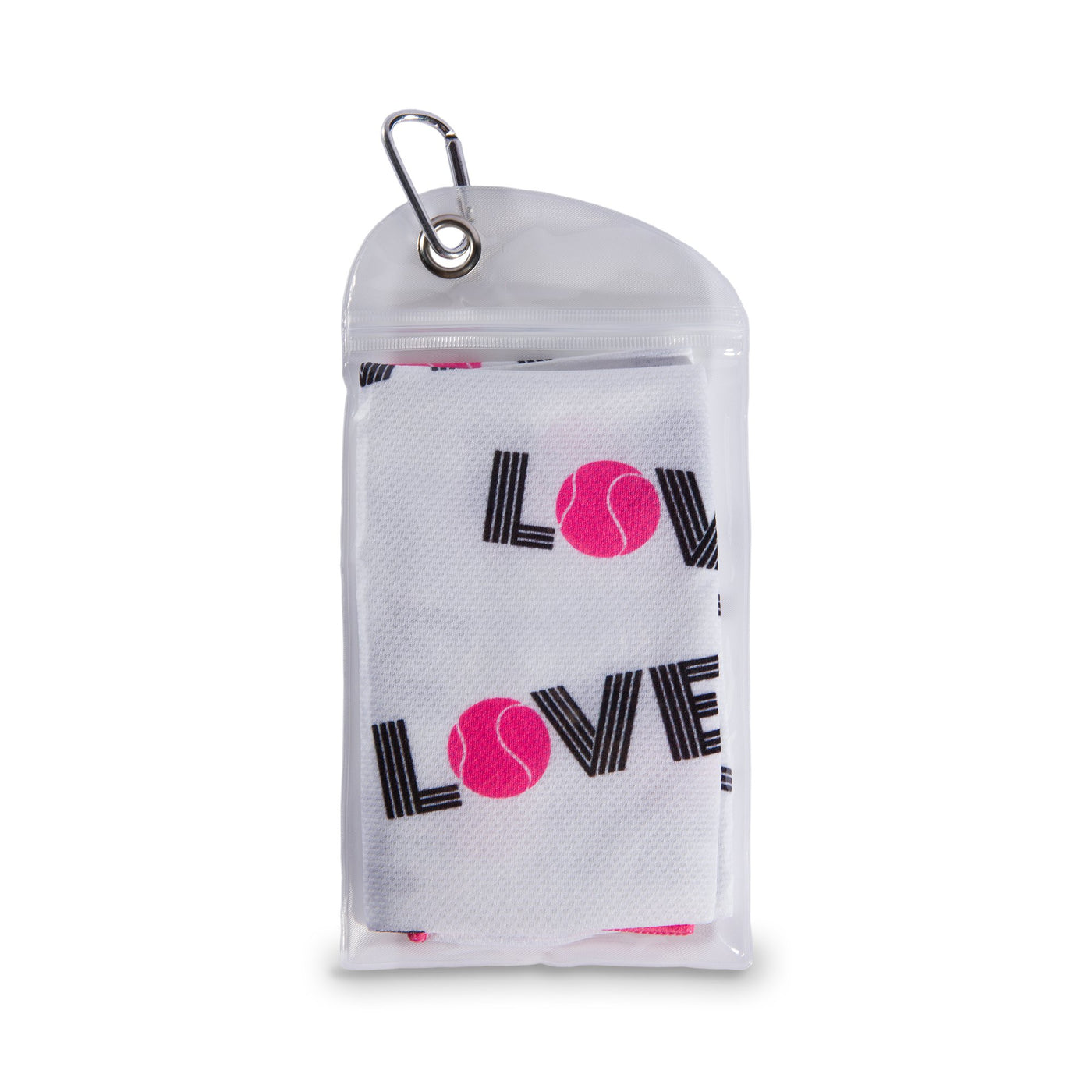 Pink love towel folded up into small carrying pouch.