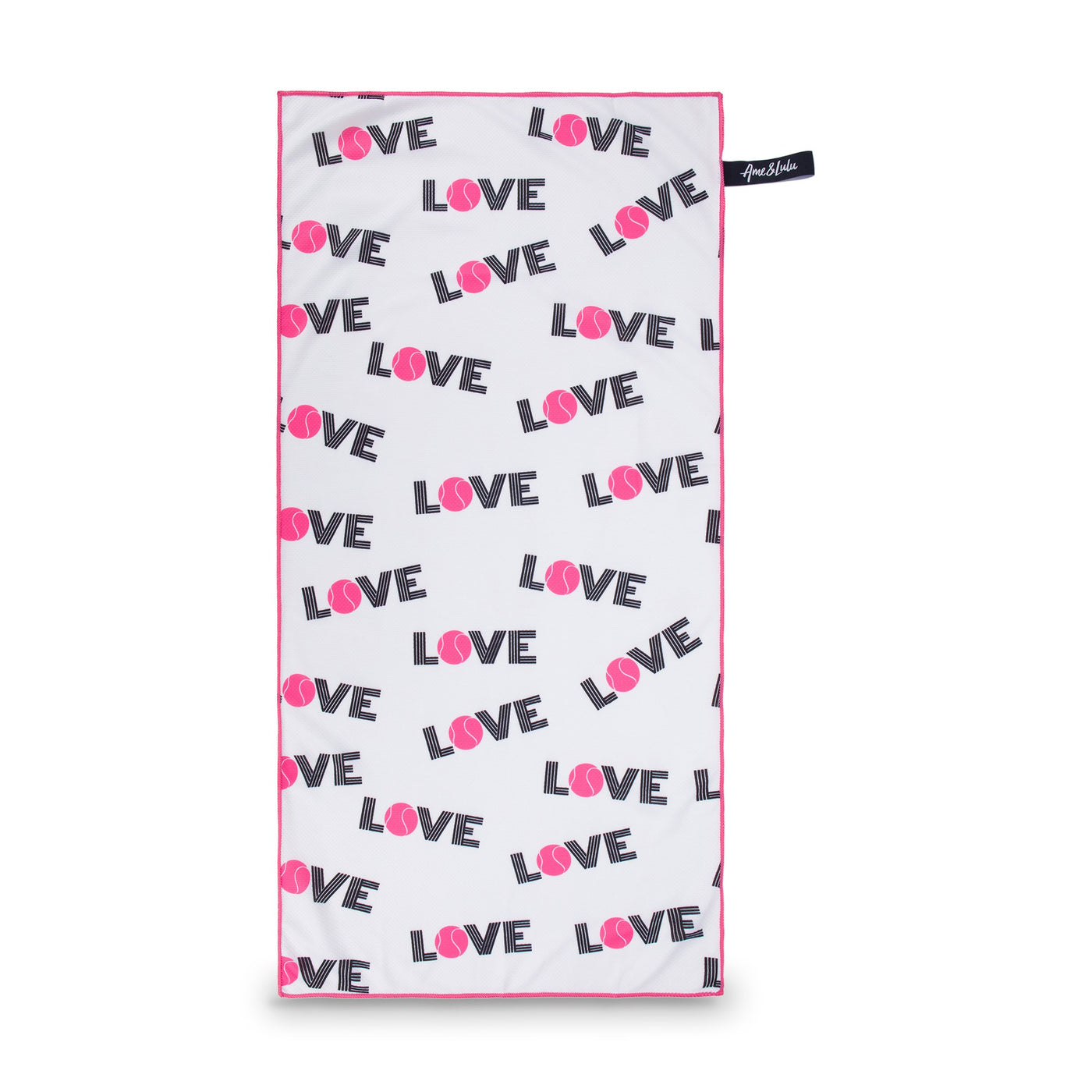 White rectangular towel with repeating pattern of the word love with the letter o is a hot pink tennis ball