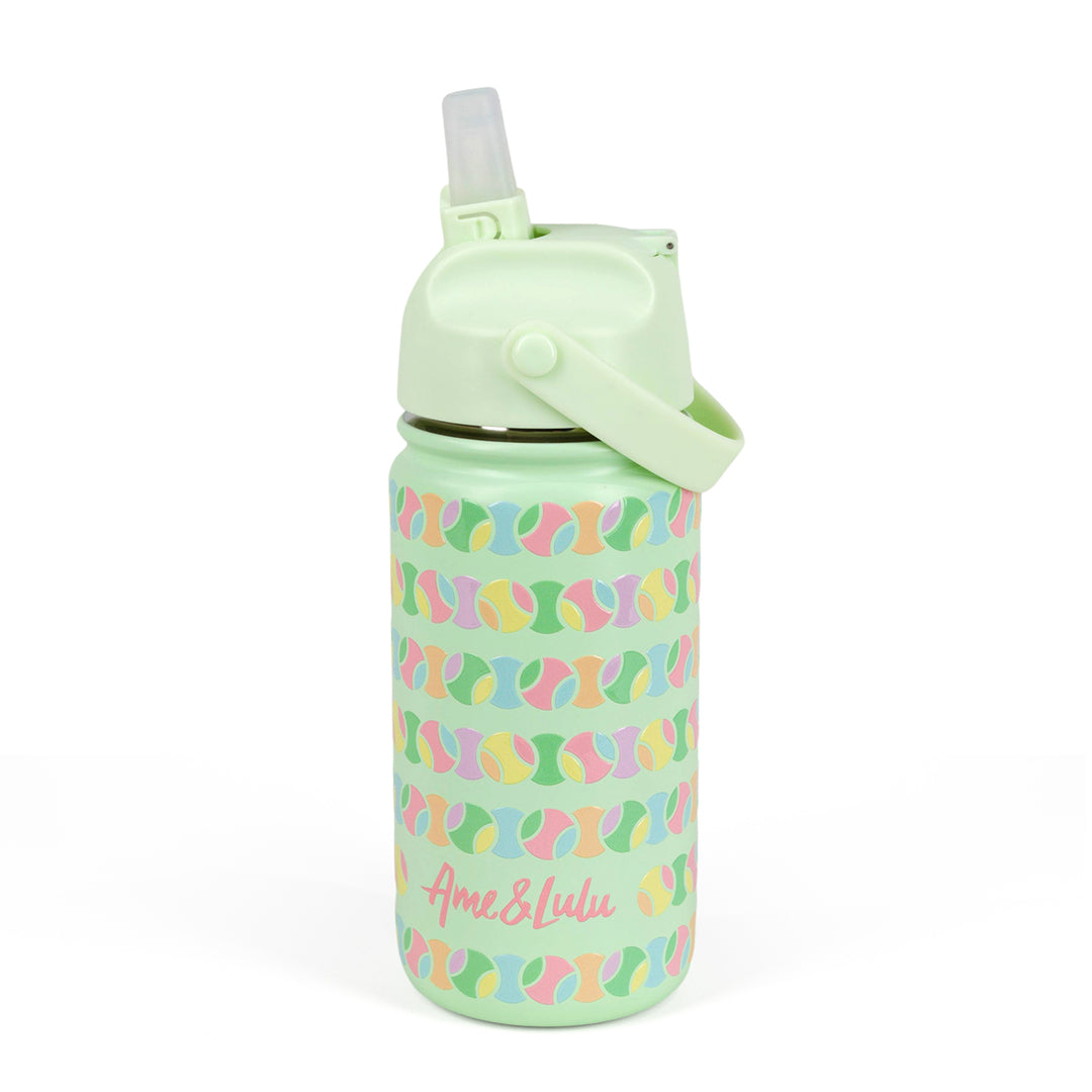 Light green kids water bottle with pastel rainbow tennis ball pattern