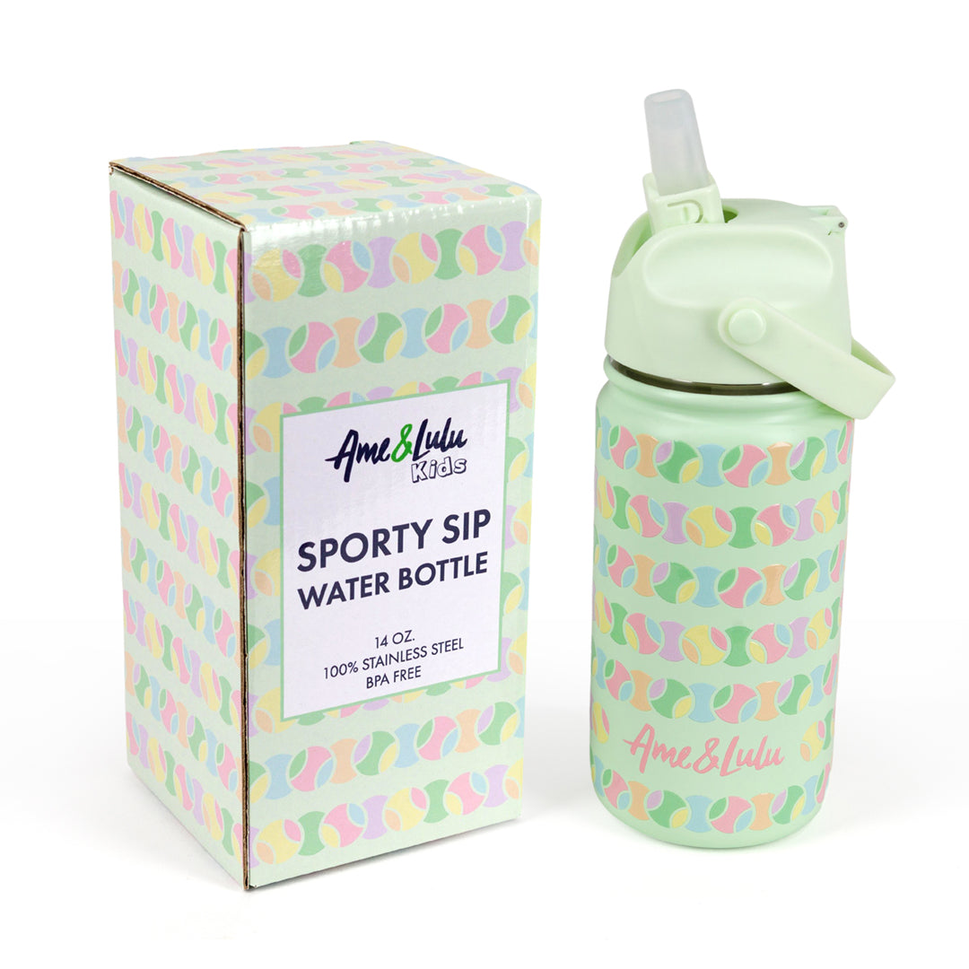 Light green kids water bottle with pastel rainbow tennis ball pattern with matching box packaging 