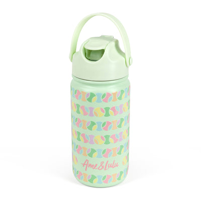 Light green kids water bottle with pastel rainbow tennis ball pattern