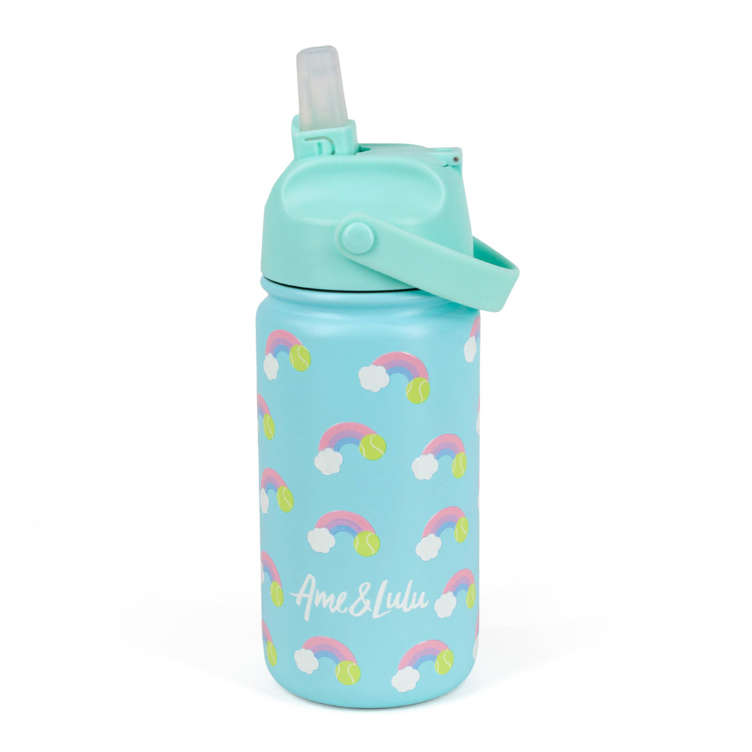 Light blue kids water bottle with rainbow and tennis ball pattern.