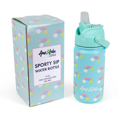 Light blue kids water bottle with rainbow and tennis ball pattern with matching box packaging