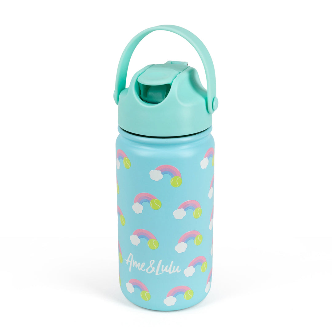 Light blue kids water bottle with rainbow and tennis ball pattern.