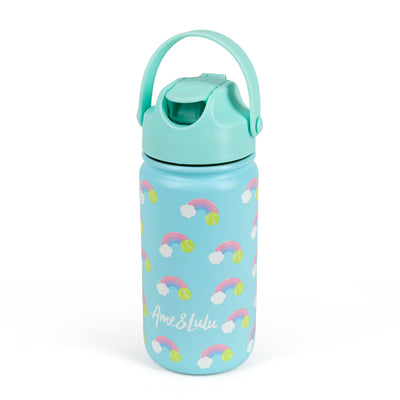 Light blue kids water bottle with rainbow and tennis ball pattern.