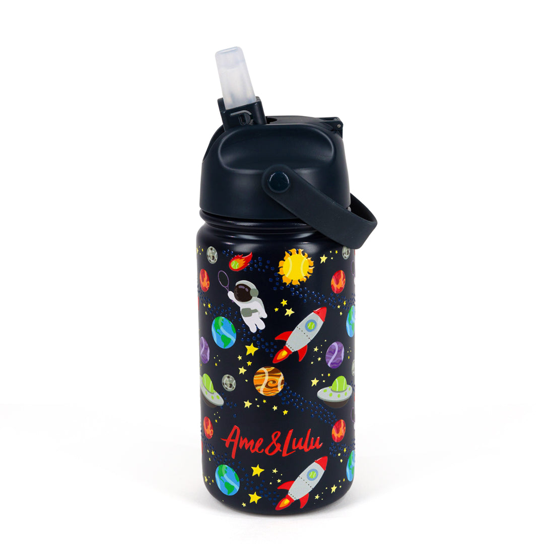 navy kids water bottle with space, planet, spaceship astronaut tennis pattern