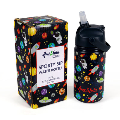 navy kids water bottle with space, planet, spaceship astronaut tennis pattern with matching box packaging 
