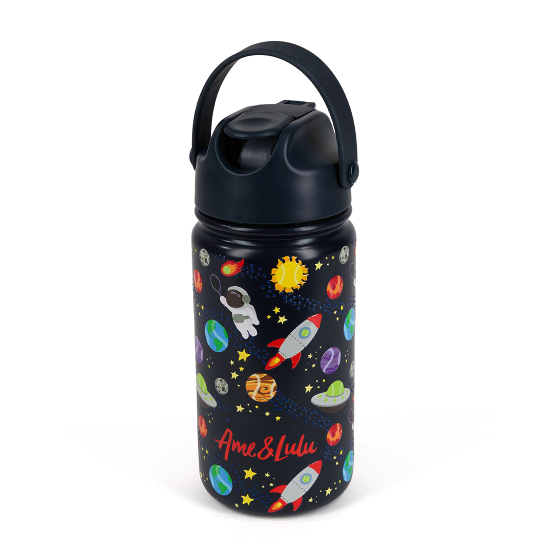 navy kids water bottle with space, planet, spaceship astronaut tennis pattern