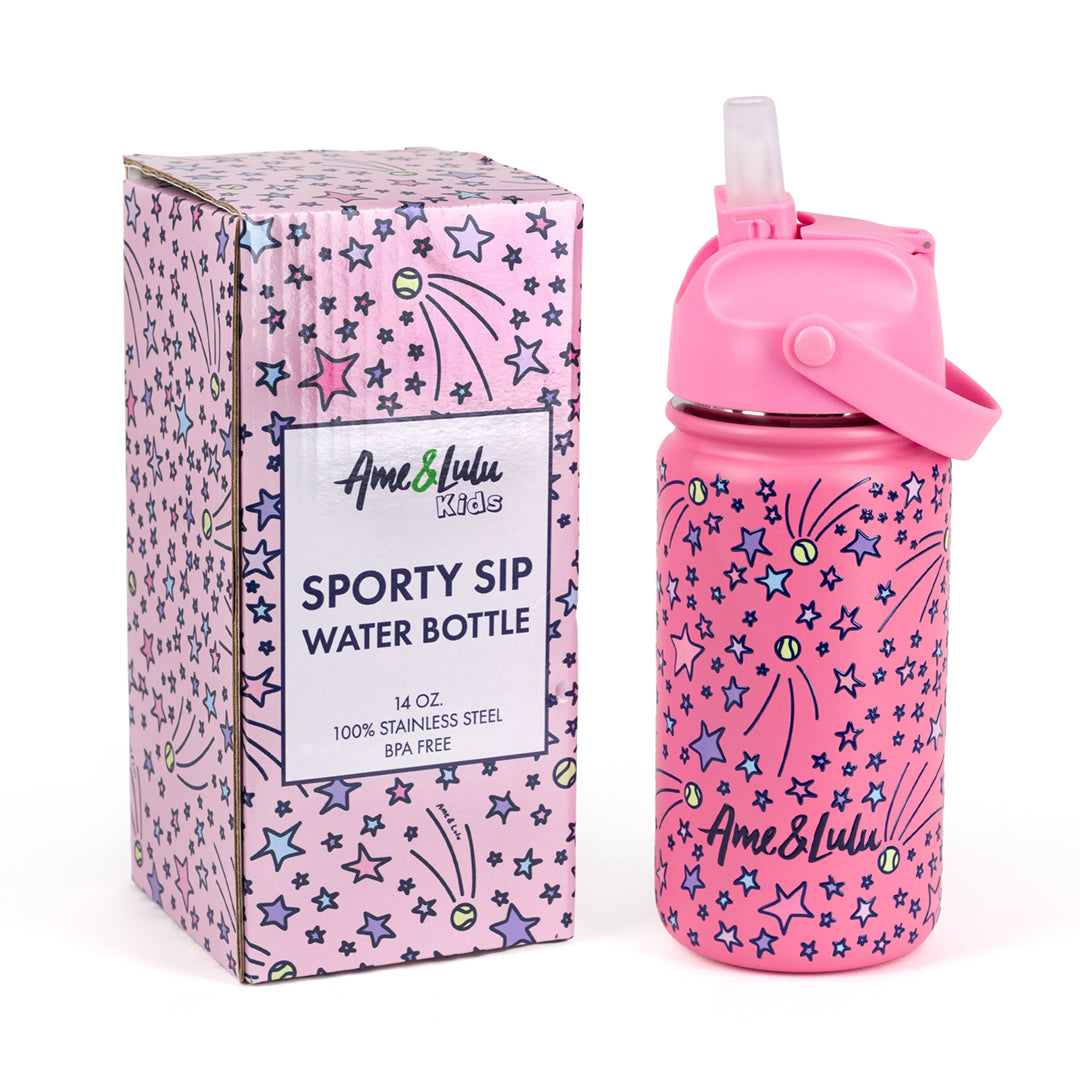 bright pink kids water bottle with shooting star and tennis ball pattern with matching box packaging 
