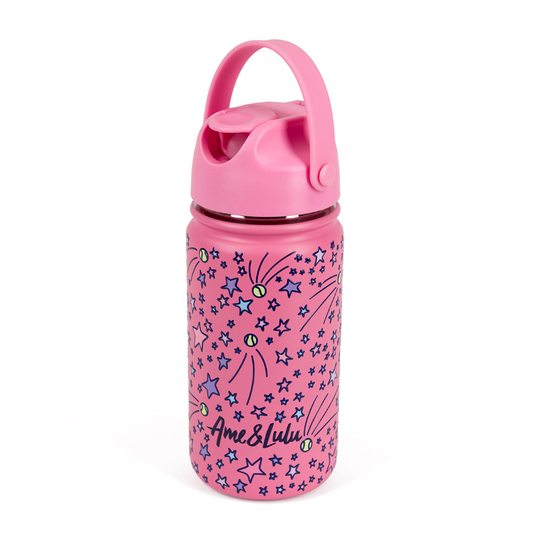 bright pink kids water bottle with shooting star and tennis ball pattern.
