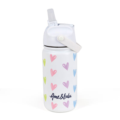 White kids water bottle with rainbow hearts pattern.