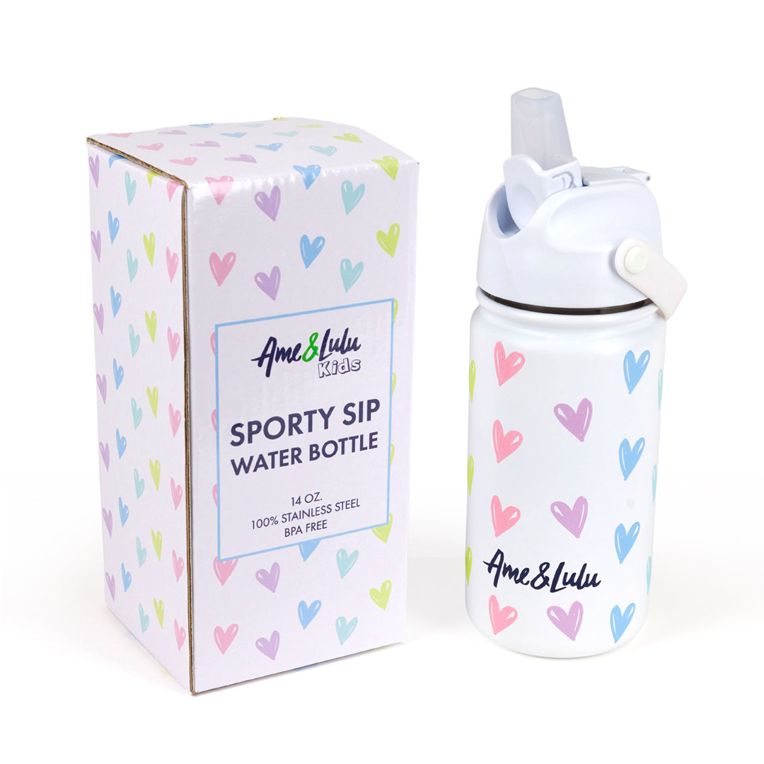 White kids water bottle with rainbow hearts pattern and matching box packaging. 