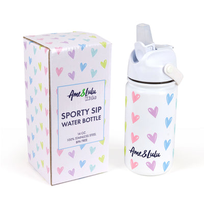White kids water bottle with rainbow hearts pattern and matching box packaging. 
