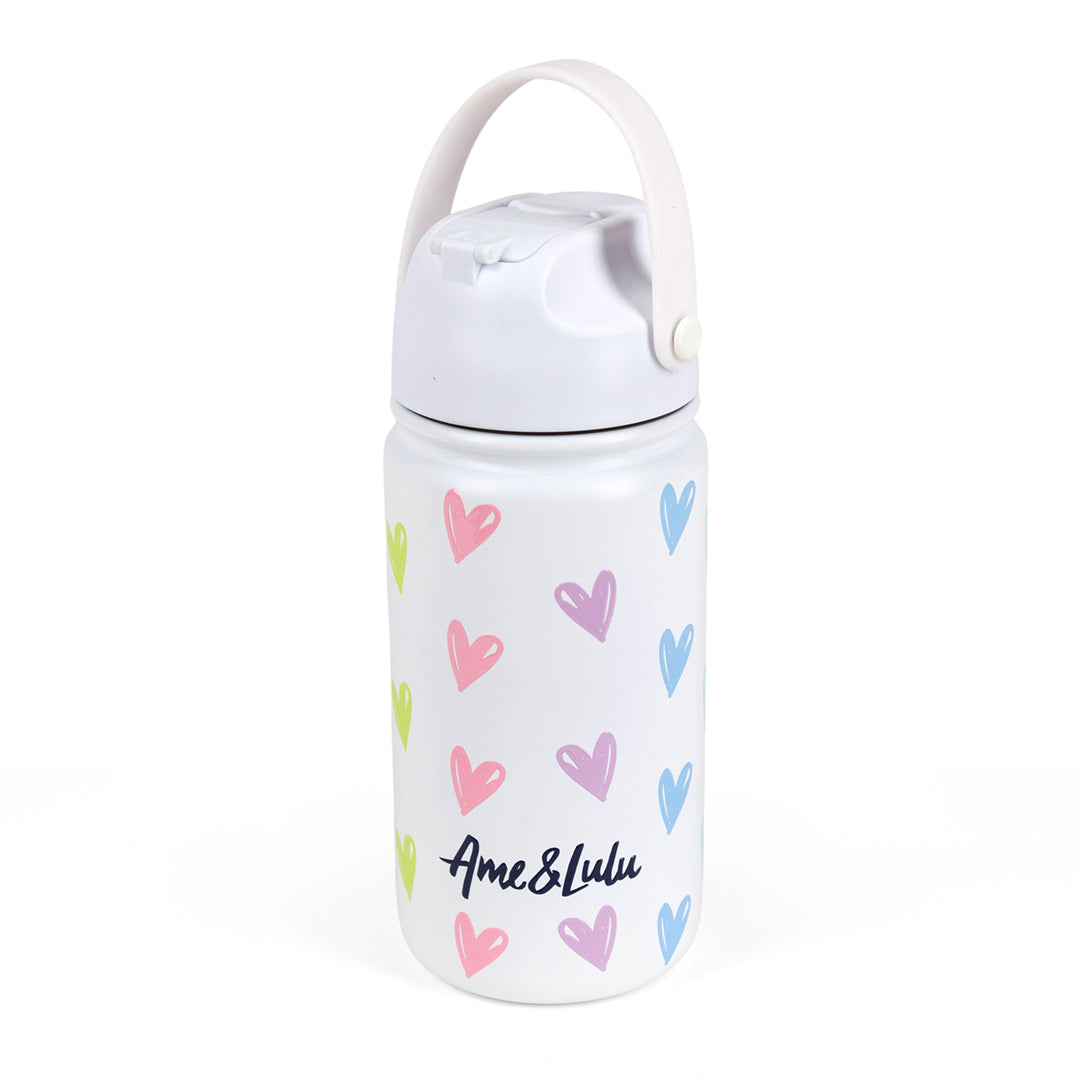 White kids water bottle with rainbow hearts pattern.