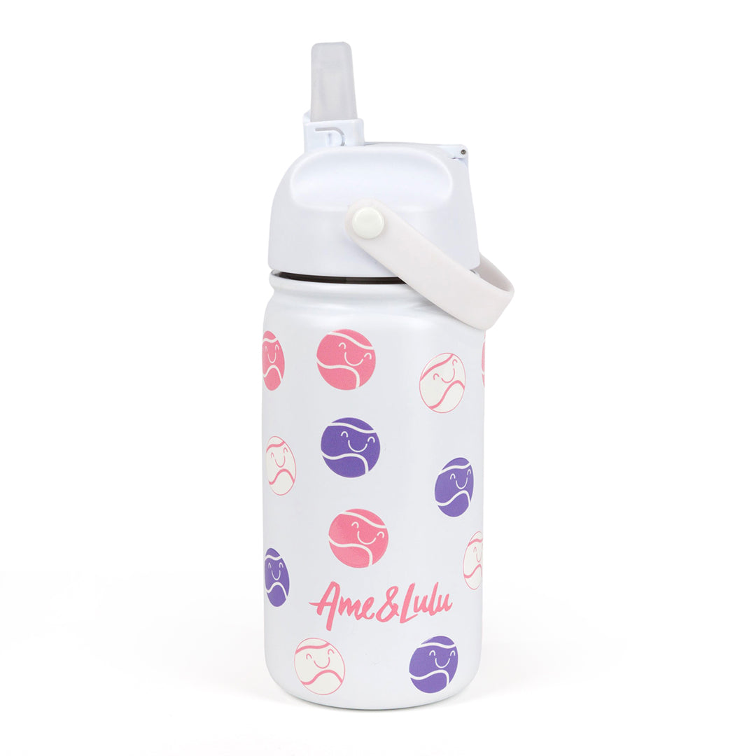 white kids water bottle with pink and purple smiling tennis ball pattern.