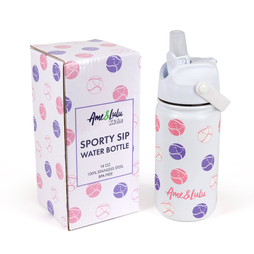 white kids water bottle with pink and purple smiling tennis ball pattern with matching box packaging 