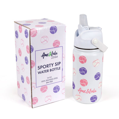 white kids water bottle with pink and purple smiling tennis ball pattern with matching box packaging 