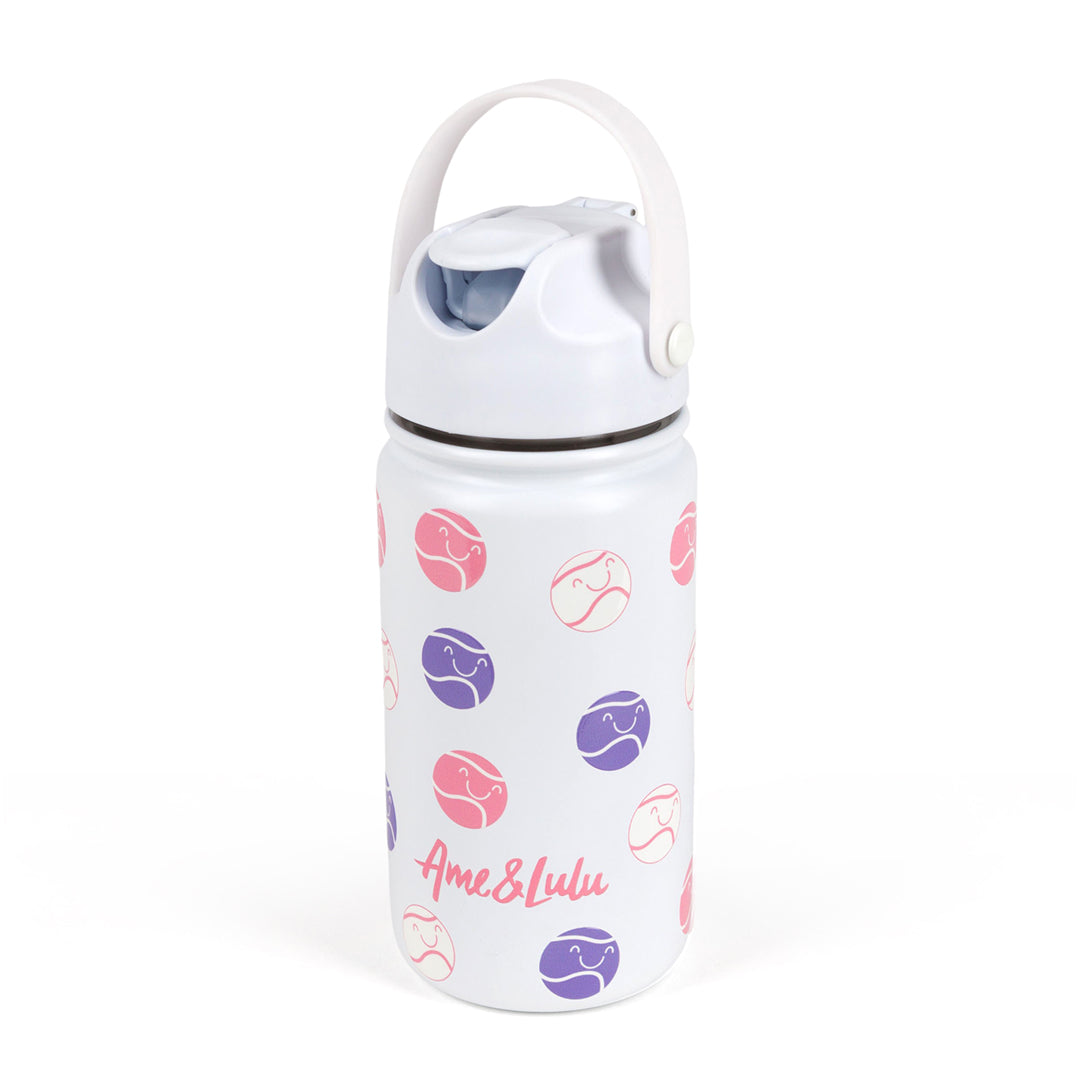 white kids water bottle with pink and purple smiling tennis ball pattern.