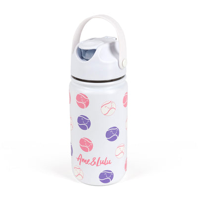 white kids water bottle with pink and purple smiling tennis ball pattern.