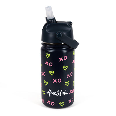 navy kids water bottle with green heart shaped tennis ball pattern