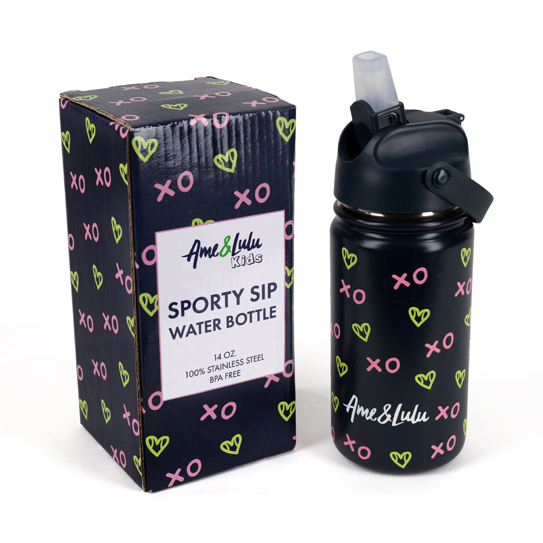 navy kids water bottle with green heart shaped tennis ball pattern with matching box packaging 