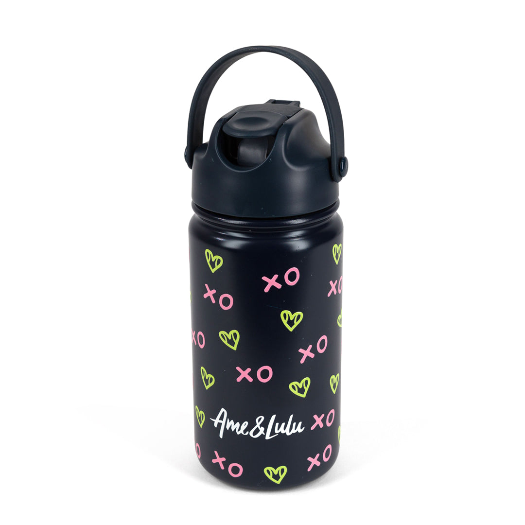 navy kids water bottle with green heart shaped tennis ball pattern