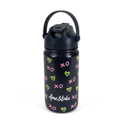 navy kids water bottle with green heart shaped tennis ball pattern