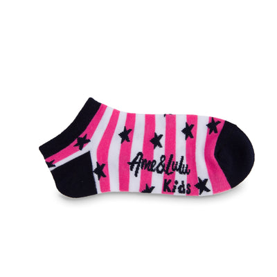 pair of pink and white striped kids socks with navy heel and toes, and navy stars stitched onto socks