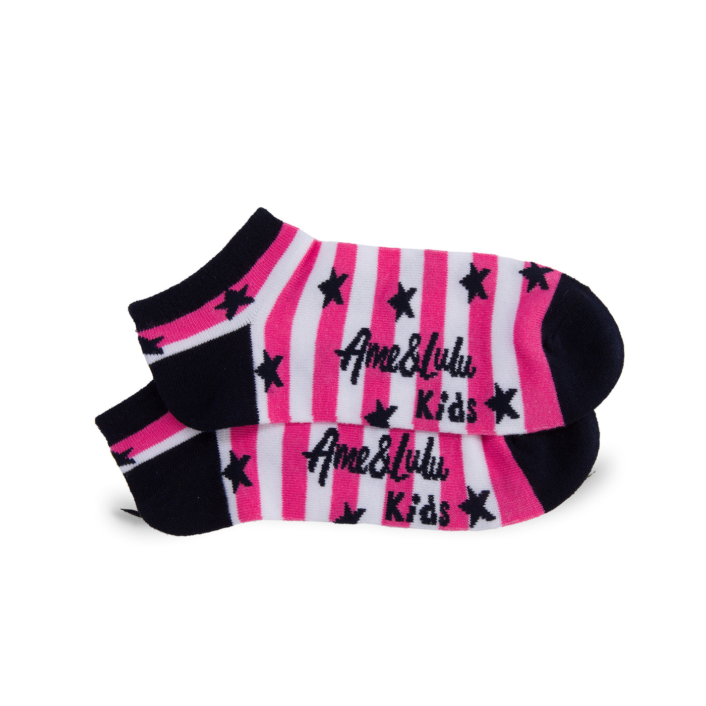 pair of pink and white striped kids socks with navy heel and toes, and navy stars stitched onto socks