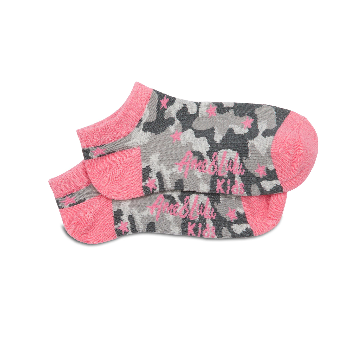pair of grey camo kids socks with light pink heel and toes, and pink stars stitched on to socks