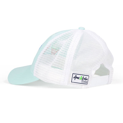 Side view of white and light blue kids trucker hat