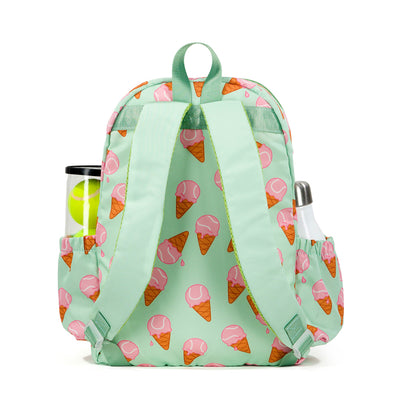 back view of mint green kids tennis backpack with pink ice cream tennis balls pattern