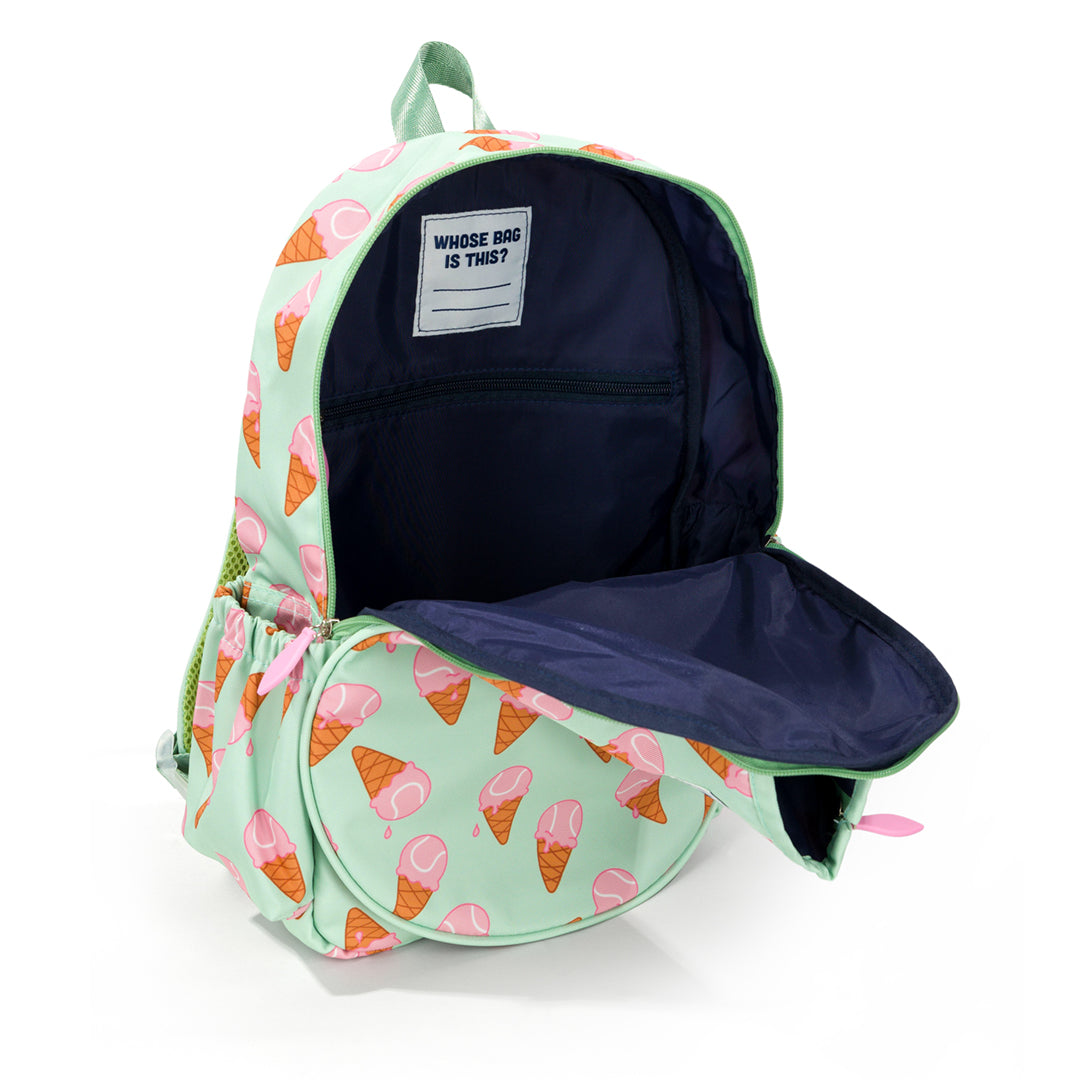 inside view of mint green kids tennis backpack with pink ice cream tennis balls pattern