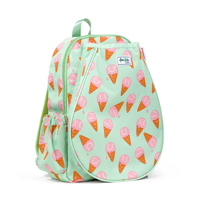side view of mint green kids tennis backpack with pink ice cream tennis balls pattern