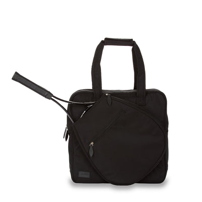 Front view of black sweet shot tennis tote. Tote has tennis racquet in front pocket.