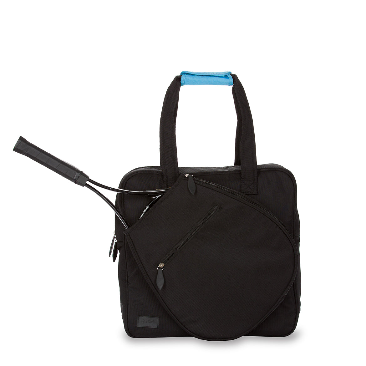 Front view of black sweet shot tennis tote. Tote has tennis racquet in front pocket. There is a blue handle cap on it.