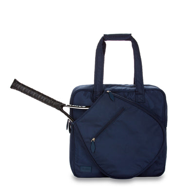 Front view of navy tennis tote with tennis racquet in the front pocket.