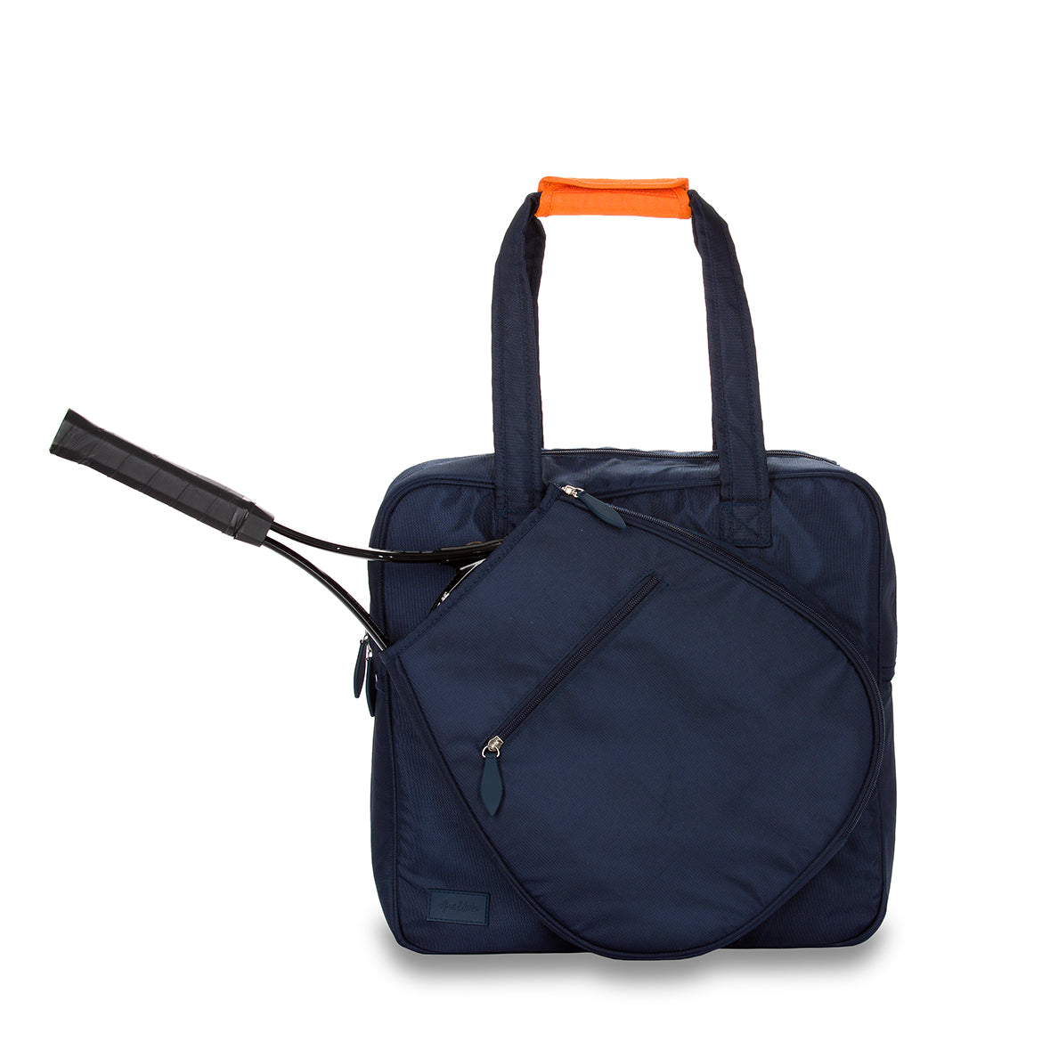 Front view of navy tennis tote with tennis racquet in the front pocket. Tote has orange handle cap.