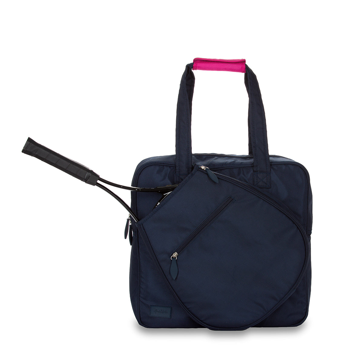 Front view of navy tennis tote with tennis racquet in the front pocket. Tote has hot pink handle cap