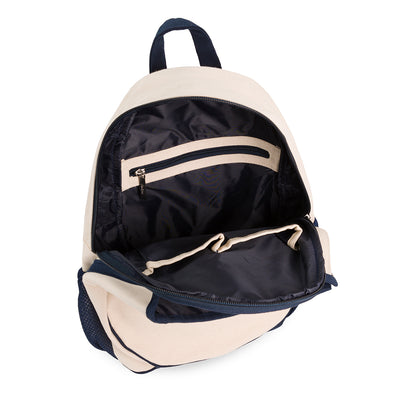 Inside view of tan canvas kids tennis backpack with peace sign, heart and tennis ball printed on front. Bag has navy trim and navy mesh side pockets.
